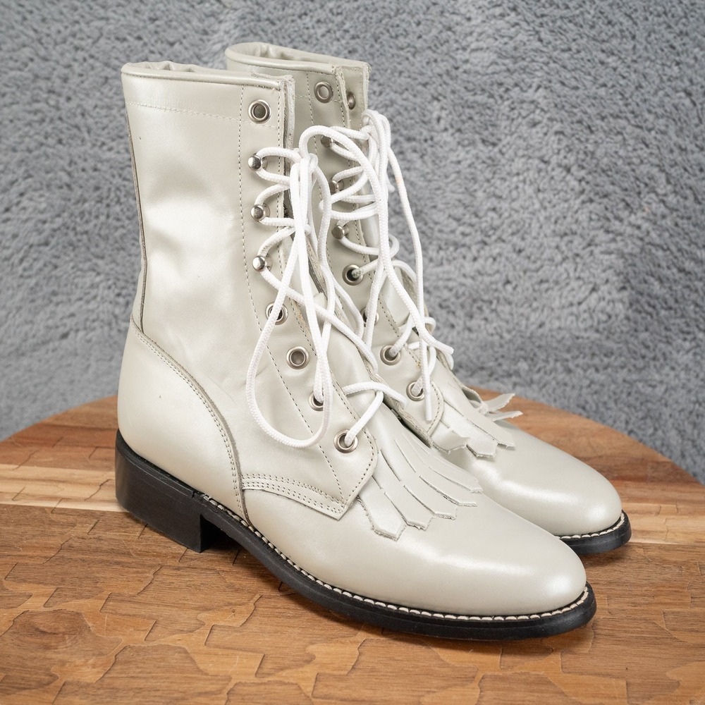 Tony Lama Lace Up Western Boots Womens 4 White Excellent Vintage Leather 7608